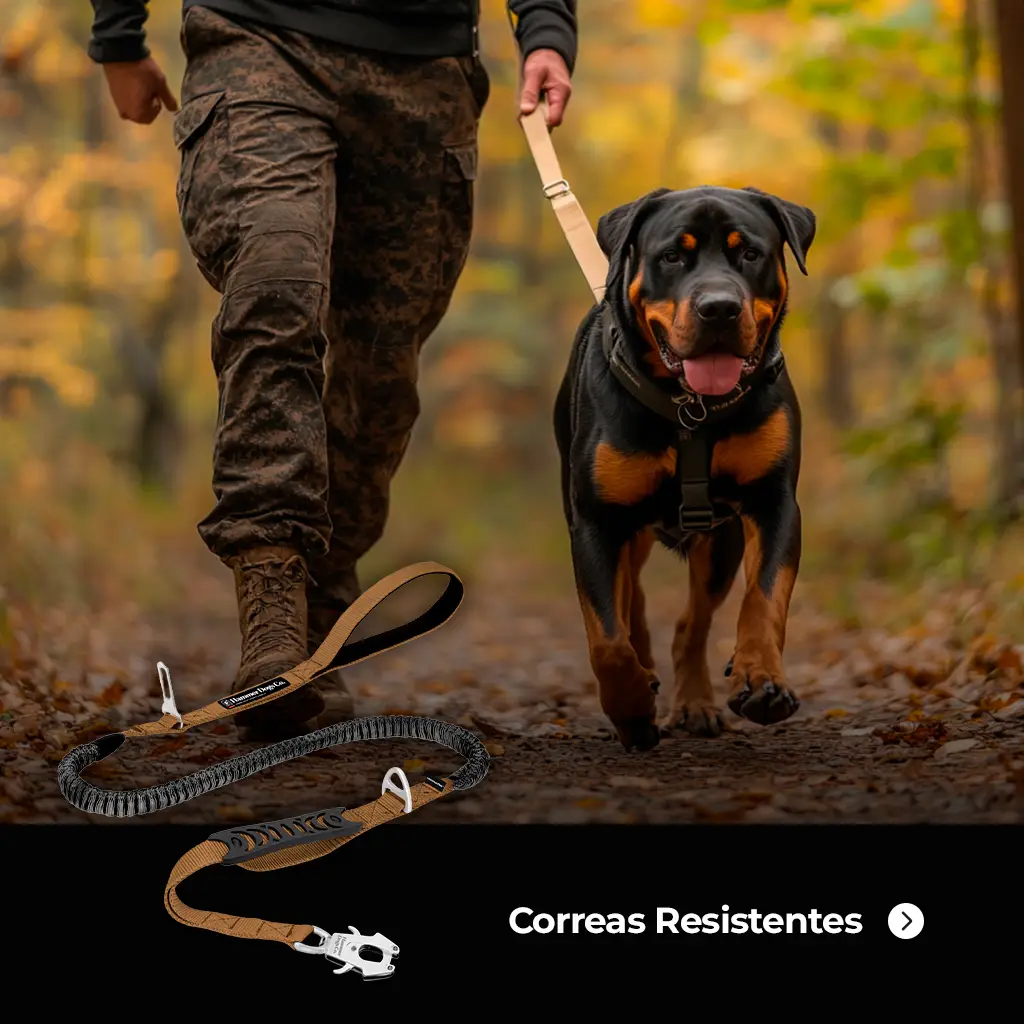 Perro rottweiler con correa resistente Hammer Dogs caminando junto a su dueño