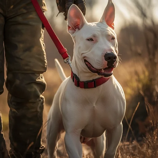 Perro bull terrier blanco con collar táctico rojo Hammer Dogs caminando junto a su dueño