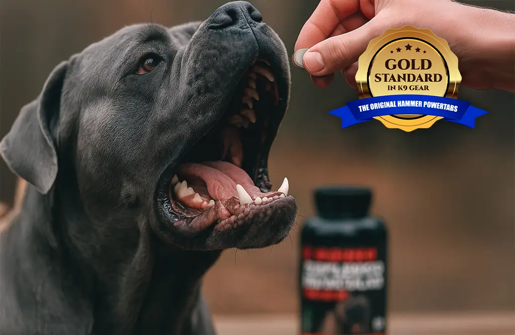 Perro cane corso recibiendo suplemento Power Tabs de Hammer Dogs