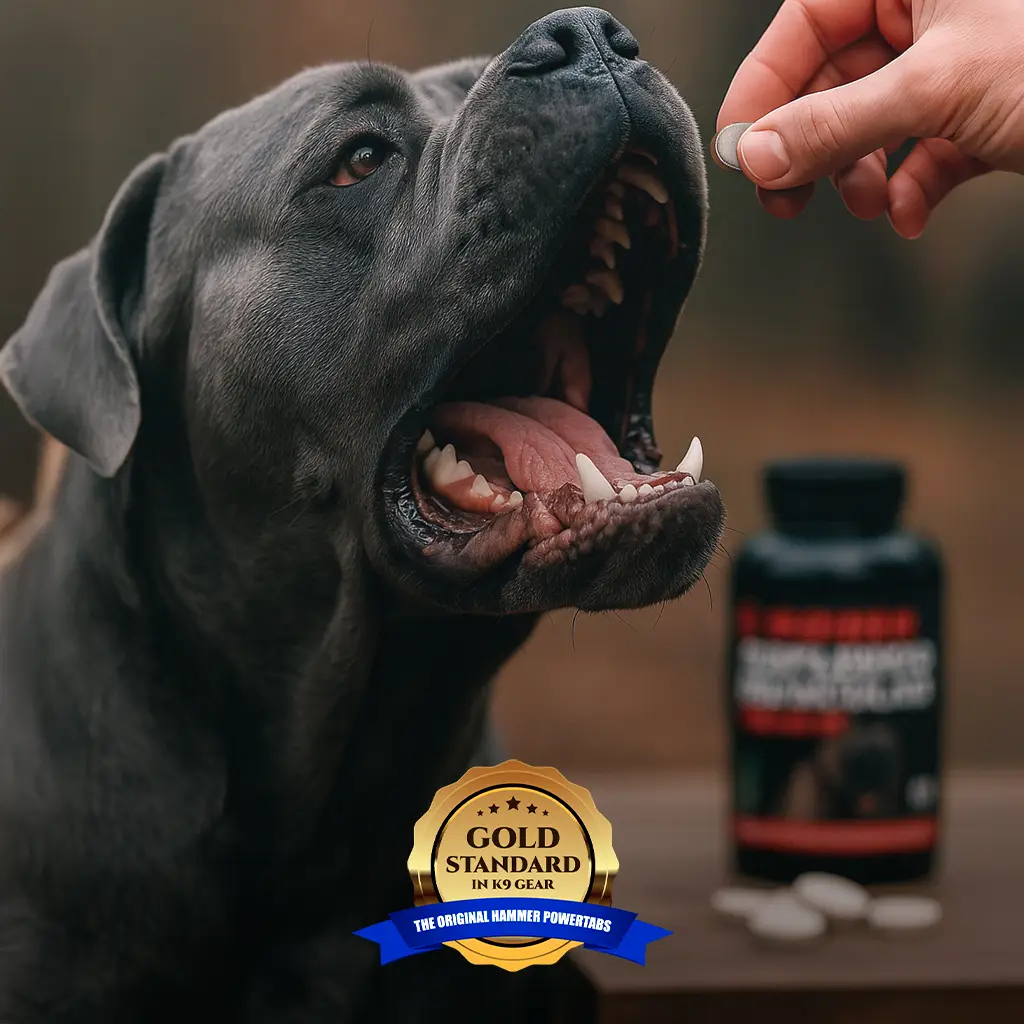 Perro cane corso recibiendo suplemento Power Tabs de Hammer Dogs