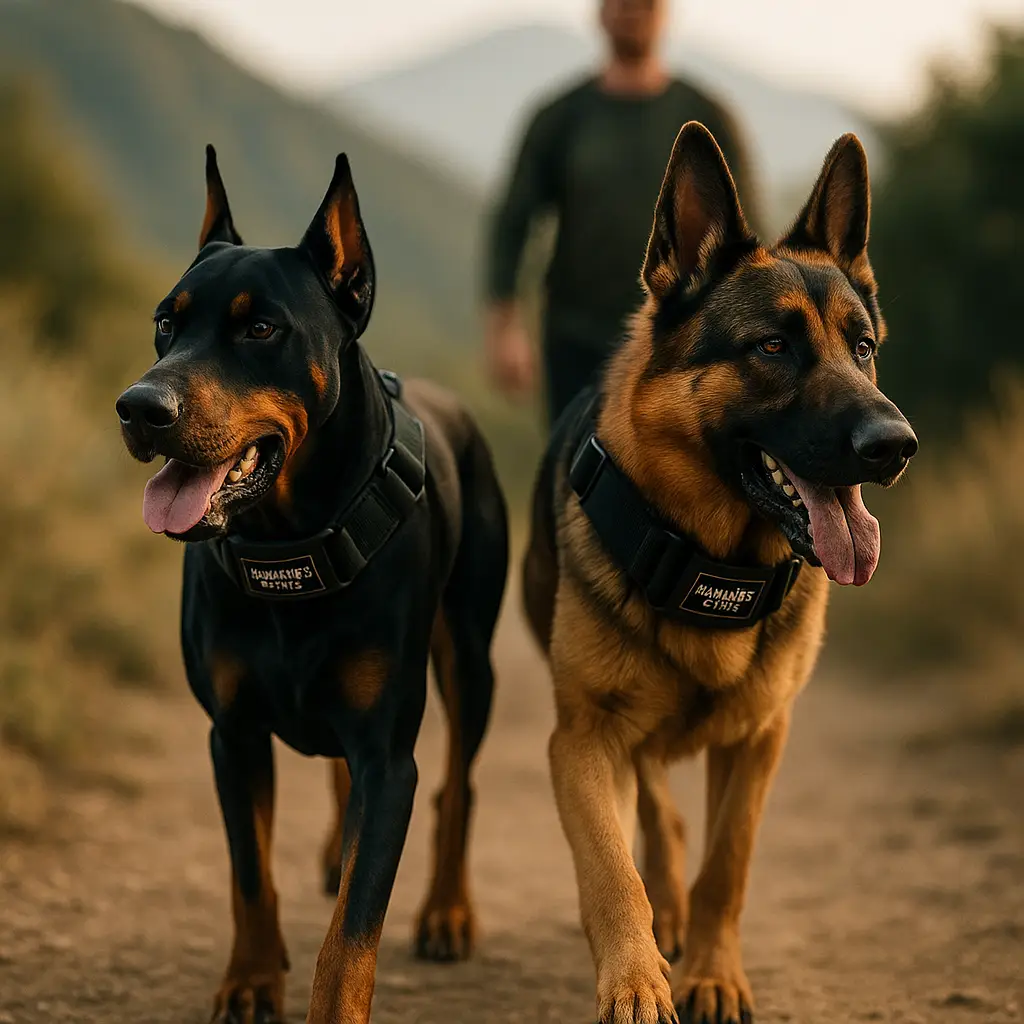 Pastor alemán y dóberman con arneses tácticos Hammer Dogs caminando en sendero de montaña