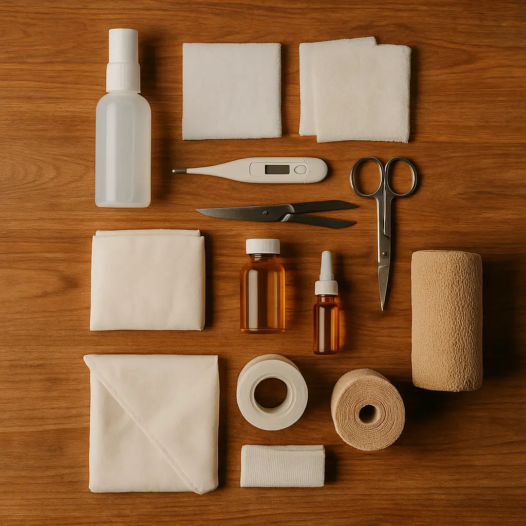 Kit de primeros auxilios para perros con vendas, tijeras y medicamentos sobre mesa de madera