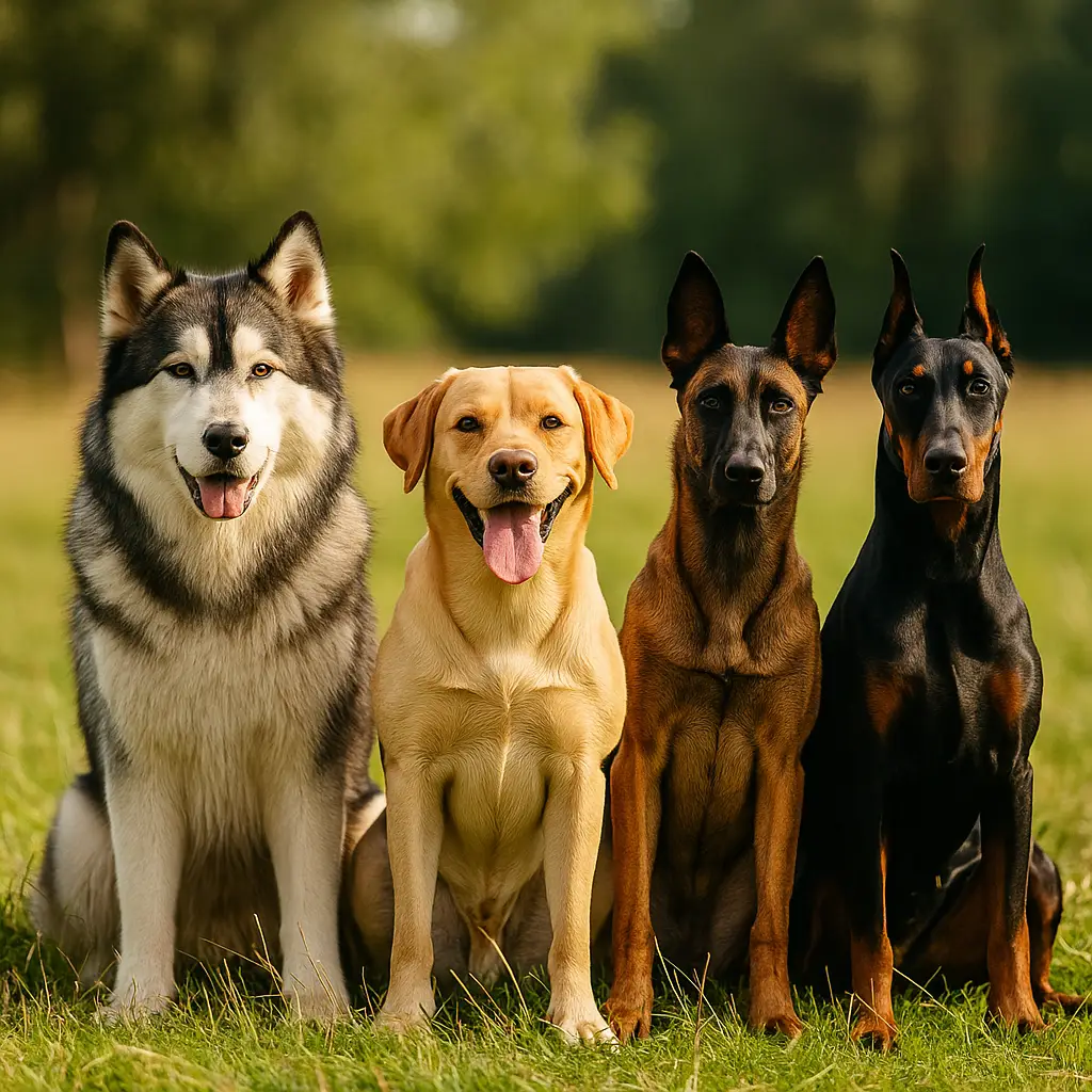 Perro malamute, labrador, y dos dóberman sentados en fila en pradera