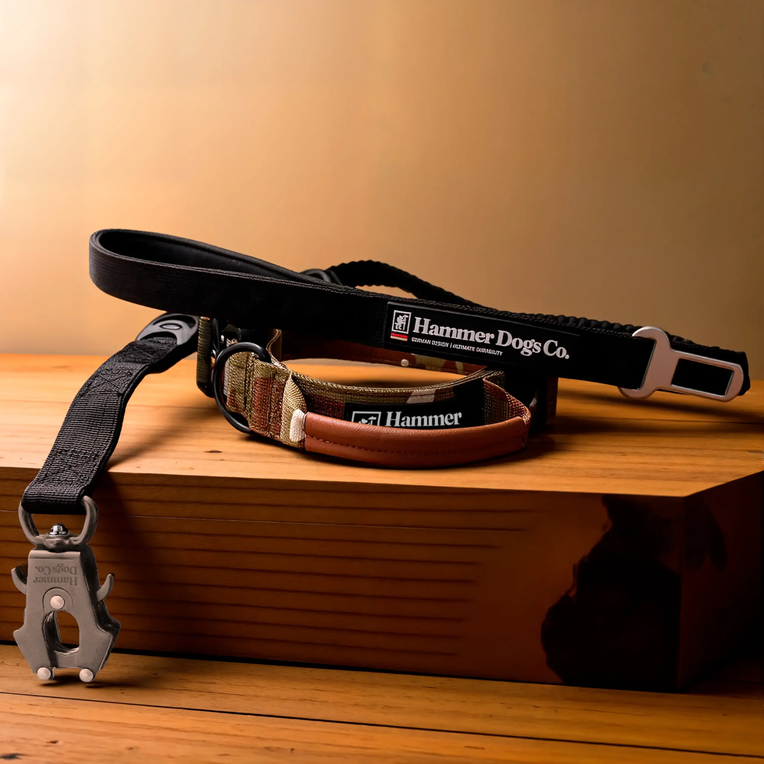 Correa ShockLine negra Hammer Dogs y collar táctico camuflaje con asa de cuero sobre superficie de madera